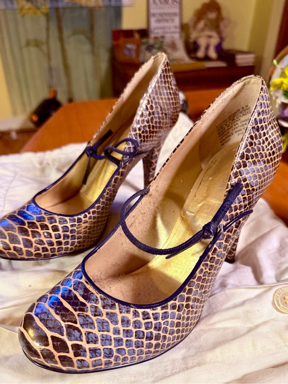 Women's Tan Snake-Print Mary Jane Heels